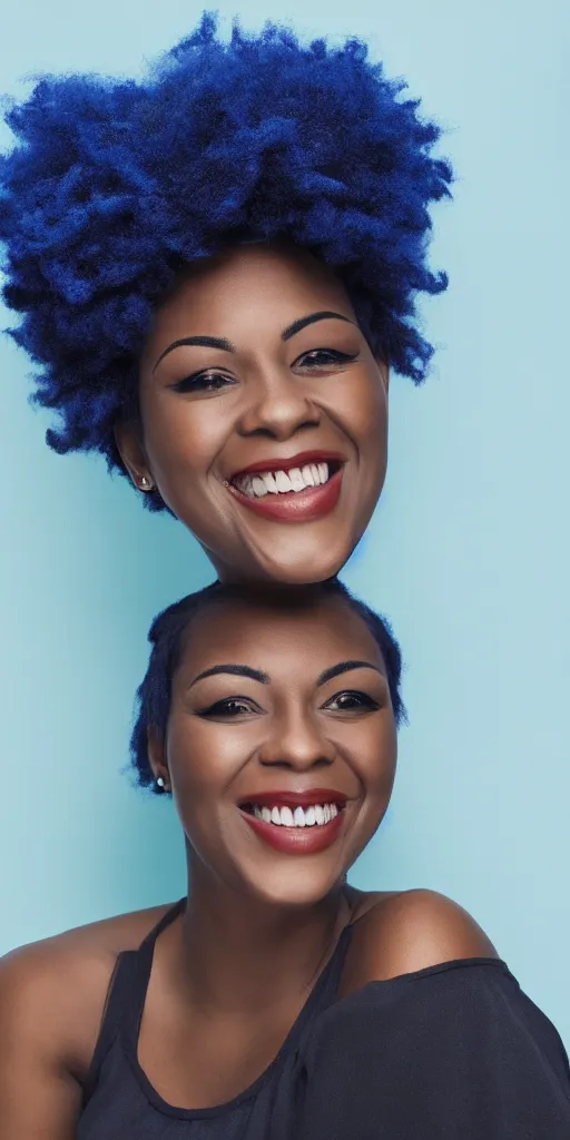 Prompt: picture of a single black woman with blue hair smiling, portrait, realistic, photograph