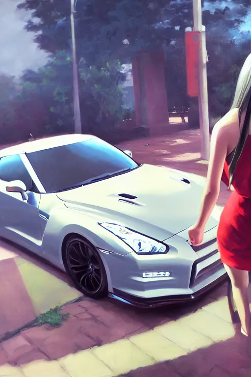 Image similar to A ultradetailed beautiful panting of a stylish girl standing in front of a Nissan GTR, Oil painting, by Ilya Kuvshinov, Greg Rutkowski and Makoto Shinkai