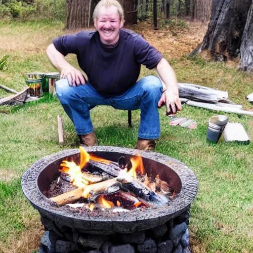 Prompt: photo of hillbilly with long blonde hair smiling near a fire pit