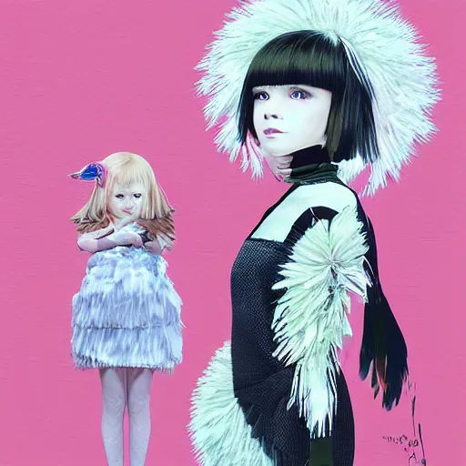 Image similar to little girl with an eccentric haircut wearing an dress made of feathers, artwork made by ilya kuvshinov and hirohiko araki