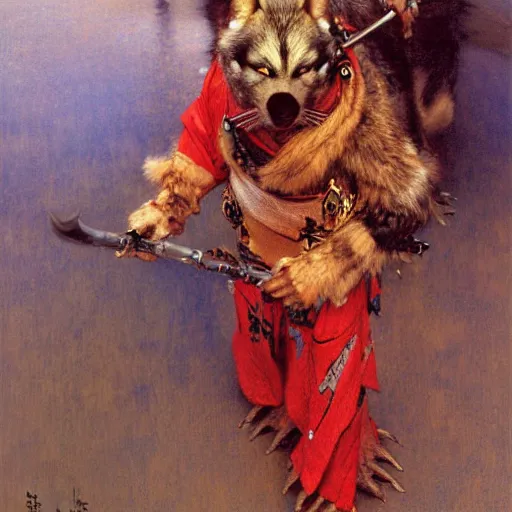 Prompt: a male ninja ratwolfman rat wolf man in a red kimono furry arms furry body walking stick. furaffinity furry art detailed face painting by gaston bussiere craig mullins jc leyendecker gustav klimt artgerm greg rutkowski furry