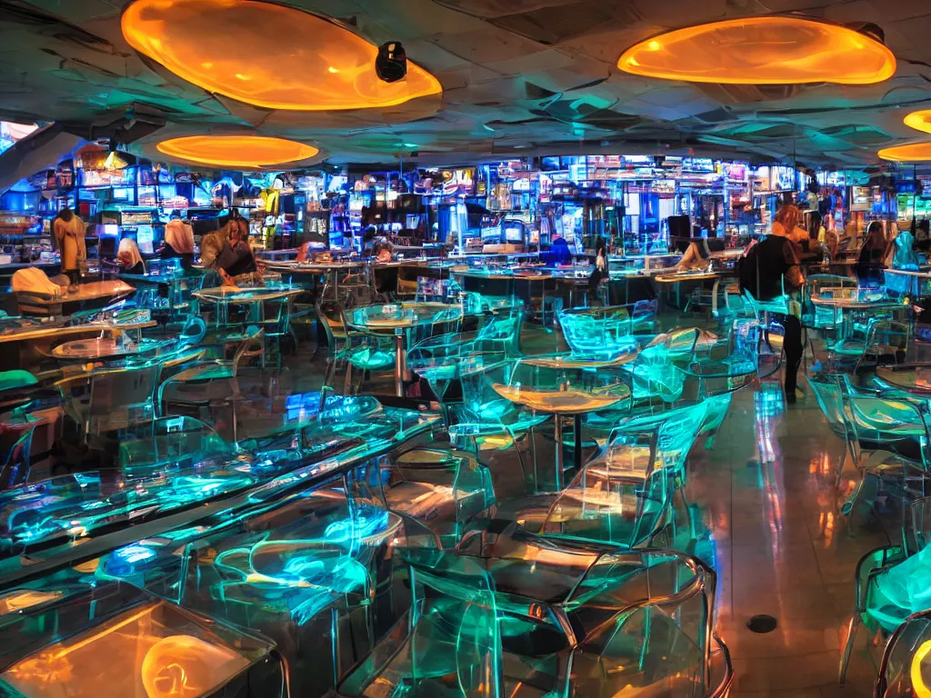 Image similar to visors with curved translucent screens playing detailed sci - fi art ( 2 0 4 2 ), pixel perfect photograph, high contrast, volumetric lighting, thin glowing lights, restaurant, chairs, users, pair of keys