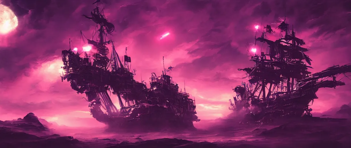 Image similar to mohawk, portrait big dark punk, space, hyperdetailed illustration, stars, pink, neon, oil painting, rich deep colors masterpiece, pirate neon ship, ultra detailed, contrast, heaven pink, clouds, volumetric light, atmospheric lighting, dramatic, cinematic, moody, octane render 4 k, 8 k