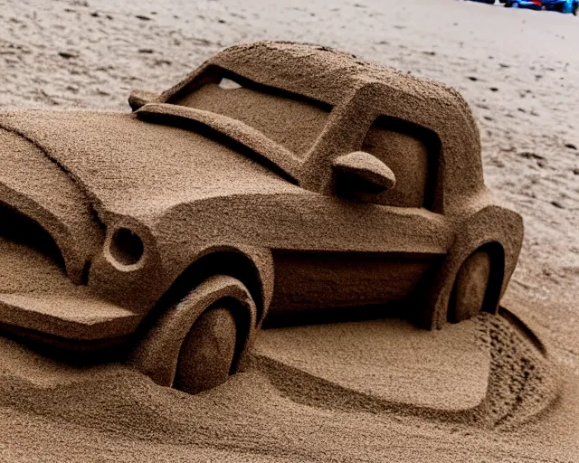 Prompt: sand sculpture of an old mustang car on a black sand beach