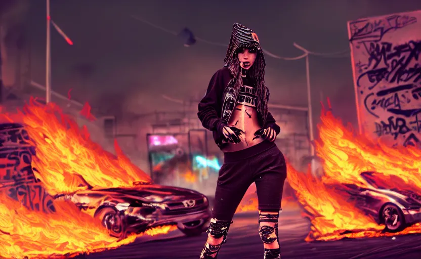 Image similar to digital painting of a streetwear woman, running mascara, a futuristic shanty town burns in the background, distress, tattoos, dark strokes, dark glitter, 4k, 8k, hd, full color, octane render, trending on artstation, highly detailed