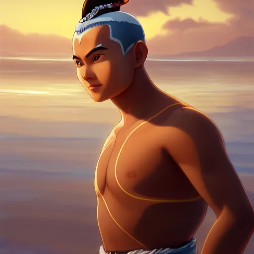 Prompt: beautiful serene intricate portrait of sokka from the water tribe, smiling softly, relaxing on the beach, golden hour, soft focus, 8 k, art by irakli nadar, hyperrealism, hyperdetailed, ultra realistic