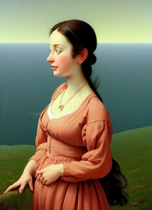 Image similar to hyper detailed 3 d render like a oil painting - cute portrait of a brunette called emma, italian looks, looking at camera, symmetrical face, long brunette hair, with a smiling cow looking over her shoulder by ryden, kawase hasui, dorothea tanning, edward hopper and james gilleard, aivazovsky, beksinski, outram, artstation