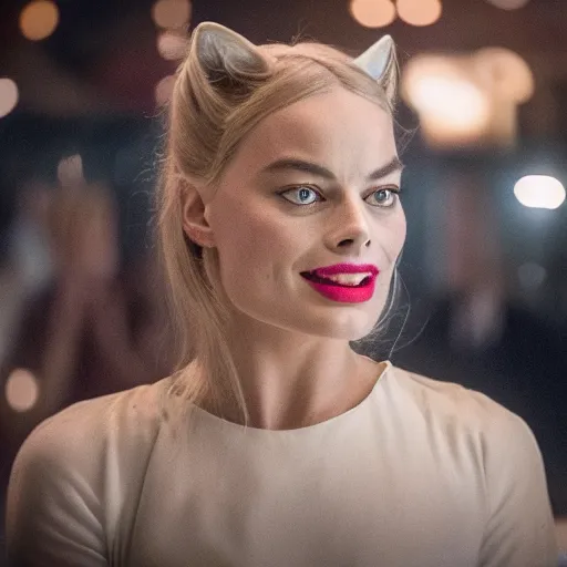 Image similar to Margot Robbie in the movie CATS, movie scene, XF IQ4, 150MP, 50mm, F1.4, ISO 200, 1/160s, natural light