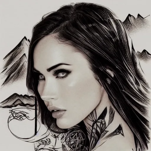 Prompt: tattoo design sketch with double exposure effect, megan fox face and beautiful mountain scenery, in the style of matteo pasqualin, amazing detail