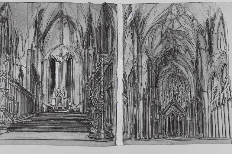 Prompt: Maringá's Cathedral, sketchbook with annotation, blue print, ultra detailed