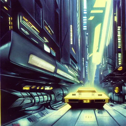 Prompt: from movie bladerunner, a scifi vehicle in a street, scene from bladerunner movie, syd mead