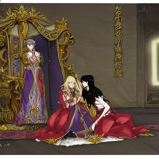 Prompt: a scene of two beautiful queens fighting over the throne, detailed anime art