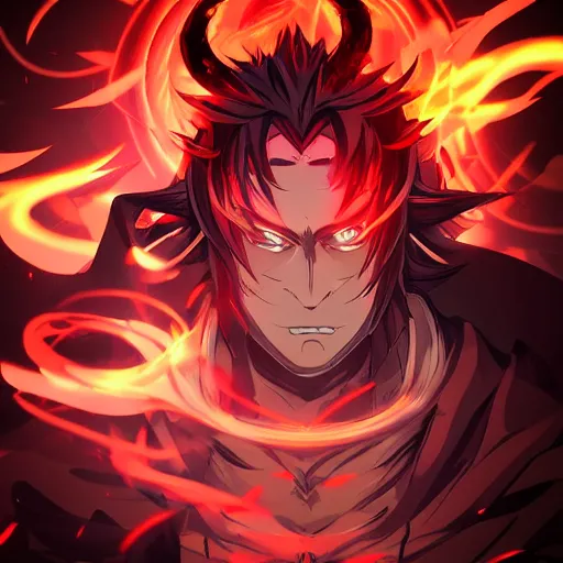 Prompt: devil handsome in demon slayer art, night, fire lines, anime style, detailed face, high quality, smooth in 8k, sharp focus, beautiful scene, black border,