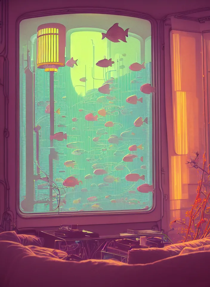 Image similar to telephoto 7 0 mm f / 2. 8 iso 2 0 0 photograph depicting the feeling of chrysalism in a cosy safe cluttered french sci - fi ( art ( nouveau ) ) cyberpunk apartment in a pastel dreamstate art cinema style. ( living room ) ( ( fish tank ) ), ambient light.