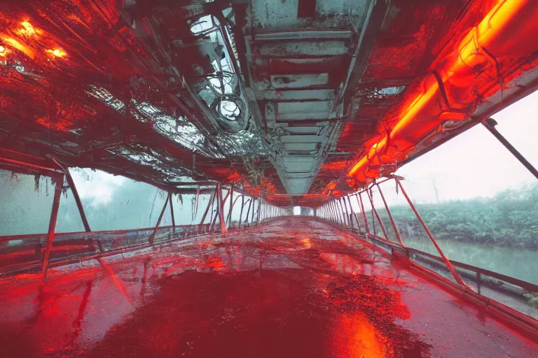 Image similar to Film still of a brightly lit bridge on a space ship, metal, floor grills, ventilation shafts, dusty, orange and red lighting, burning fire, water dripping, puddles, wet floor, rust, decay, green vines, overgrown, tropical, Cinestill colour cinematography, anamorphic