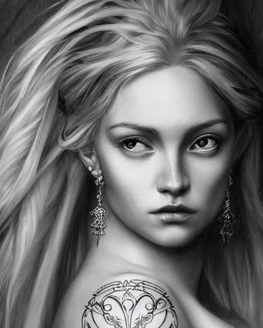 Image similar to tattoo sketch of beautiful greek goddess aphrodite with arrowhead earrings, beautiful piercing eyes, flowing blonde hair, realistic face, hyper realistic, in the style of greg rutkowski, fantasy, amazing detail, epic, intricate, elegant, smooth, sharp focus