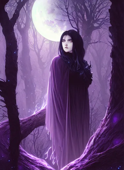 Prompt: background is moon many light effects, symmetrical centered portrait dark witch, large cloak, fantasy forest landscape, dragon scales, fantasy magic, undercut hairstyle, short purple black fade hair, dark light night, intricate, elegant, sharp focus, digital painting, concept art, matte, art by wlop and artgerm and greg rutkowski and alphonse mucha, masterpiece