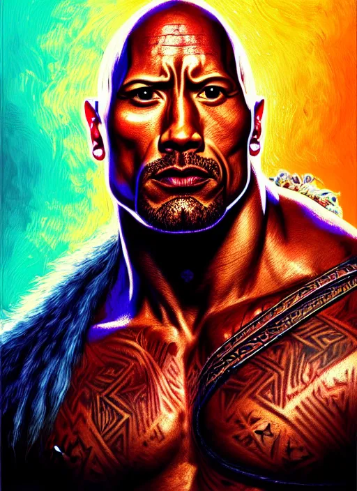 Image similar to portrait of dwayne johnson, hyper detailed ultra sharp aztec shaman warrior. trending on artstation, warpaint aesthetic, bloodwave, colorful, psychedelic, ornate, intricate, digital painting, concept art, smooth, sharp focus, illustration, art by artgerm and greg rutkowski and h. r. giger, 8 k