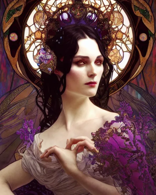 Image similar to wlop and alfons mucha detailed portrait digital rococo painting of a beautiful serious villainess wearing fantasy clothing like liliana vess, villainess has black angel wings, evil mood, hellish battlefield in the background, unreal engine, embers flying, hyper realism, realistic shading, cinematic composition, blender render, octane render, ultrawide shot