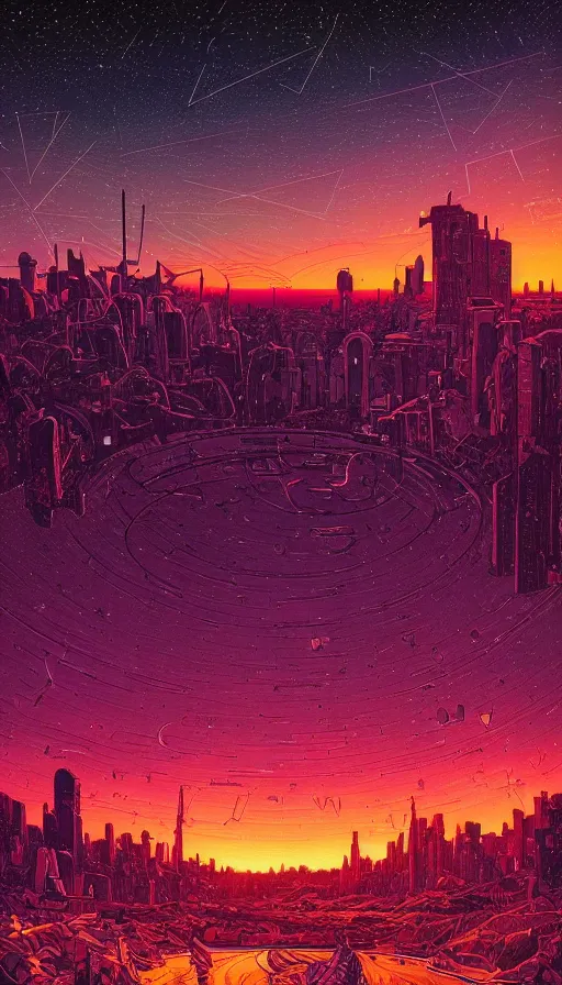 Image similar to The abandoned lands of the city under starlit sky at sunset, futurism, da vinci, Dan Mumford, Josan Gonzalez