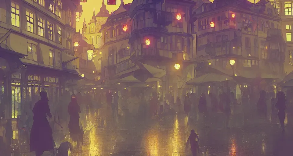 Prompt: prague art nouveau town during the lantern festival, volumetric lighting, glowing lights, 4 k, octane, digital painting, artstation, concept art, sharp focus, illustration, art by makoto shinkai and ilya kuvshinov and alphonse mucha