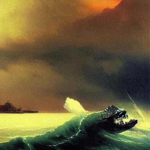 Image similar to godzilla on the coast painting by aivazovsky