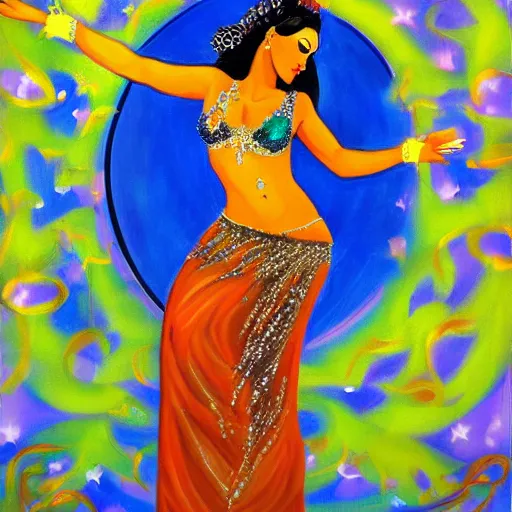 Image similar to painting of a belly dancer looking at a starry sky, stylized, highly detailed, soft light