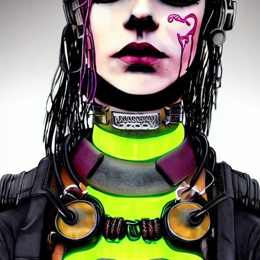 Prompt: detailed realistic cyberpunk female character cyberpunk wearing steel collar around neck, realistic, art, beautiful, 4K, collar, choker, collar around neck, punk, artstation, detailed, female, woman, choker, cyberpunk, neon, punk, collar, choker, collar around neck, thick collar, choker around neck, wearing choker, wearing collar, bright neon punk hair,