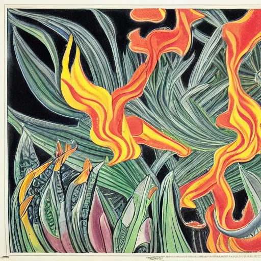 Image similar to highly detailed graphic poster depicting the end of the world, fire, done in the style of old botanical illustrations, matisse, caravaggio, basquiat, japanese art, 4 k