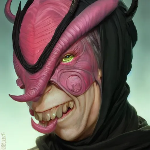 Prompt: portrait of a male tiefling with pink skin wearing a black hood, smiling, D&D, fantasy, intricate, elegant, highly detailed, digital painting, artstation, concept art, smooth, sharp focus, illustration, art by artgerm and greg rutkowski and alphonse mucha
