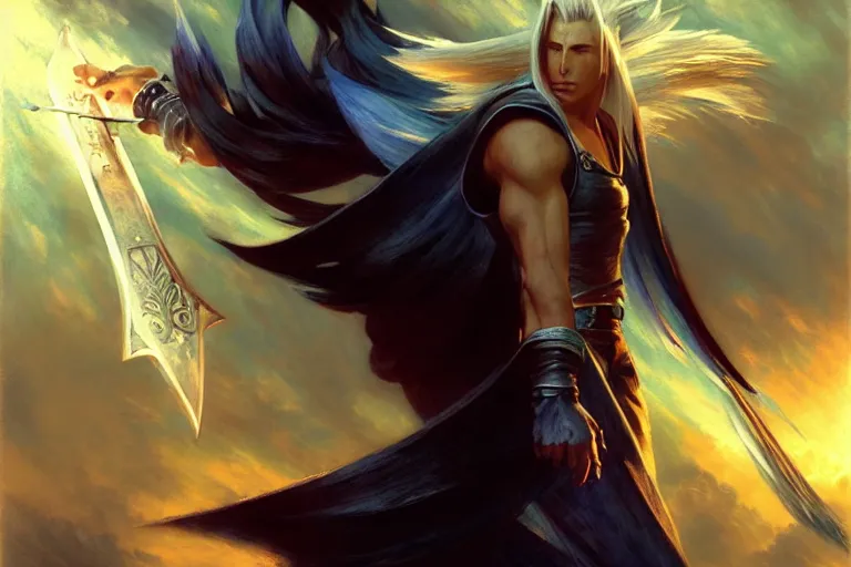 Image similar to ff 7 sephiroth, ( netease ), night, brilliant colors and hard shadows and strong rim light, colorful, night sky, cool white color temperature, blue hue, cool tones, painting by gaston bussiere, craig mullins, j. c. leyendecker