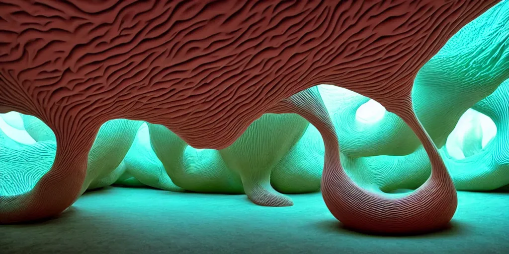 Image similar to biomorphic inflated structures by ernesto neto, light - mint with light - pink color, 4 k, insanely quality, highly detailed, film still from the movie directed by denis villeneuve with art direction by zdzisław beksinski, telephoto lens, shallow depth of field