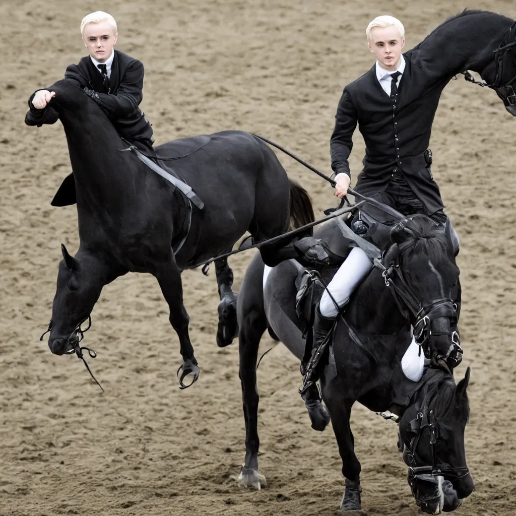 Prompt: Draco Malfoy riding one black horse