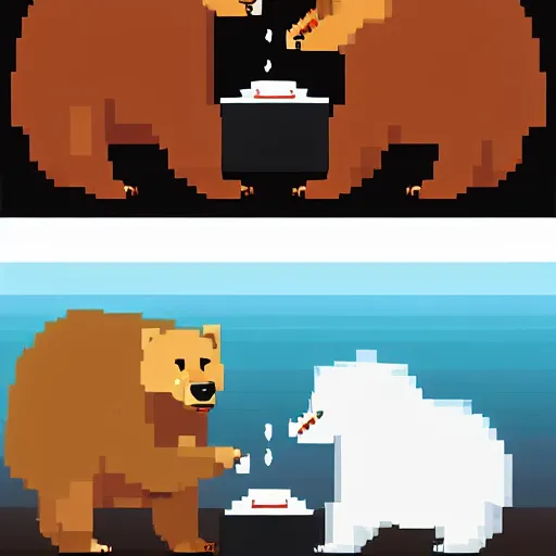 Prompt: an American Grizzly Bear and a Russian Polar Bear having tea, pixel art, trending on artstation