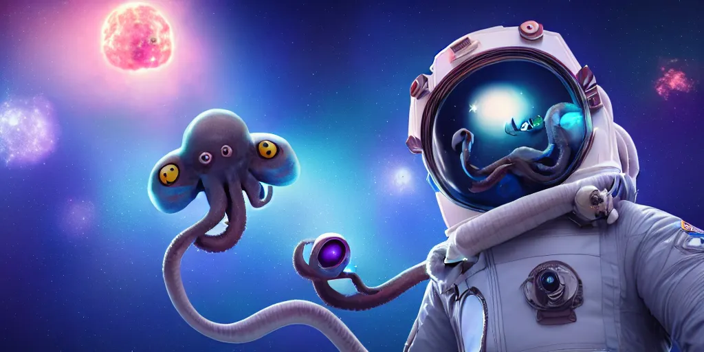 Image similar to octopuss astronaut in outer space, toon shading, ultrarealistic, octane render, nebula
