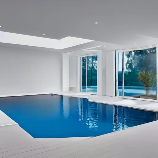 Image similar to a new swimming pool in a large white room with a door that leads to a gray room with on light on in it. dream like.