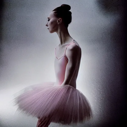 Image similar to portrait of a ballerina with a beautiful porcelain face, rain, cinematic light and reflections, beautiful dreamy lighting, photographed by annie leibovitz,