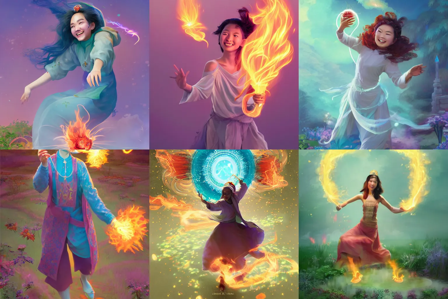 Prompt: smiling hapa sorceress wearing trousers chasing will-o-wisps casting a fireball in a garden, orthodox saint, by Hsiao-Ron Cheng, breathtaking digital 2d cover art