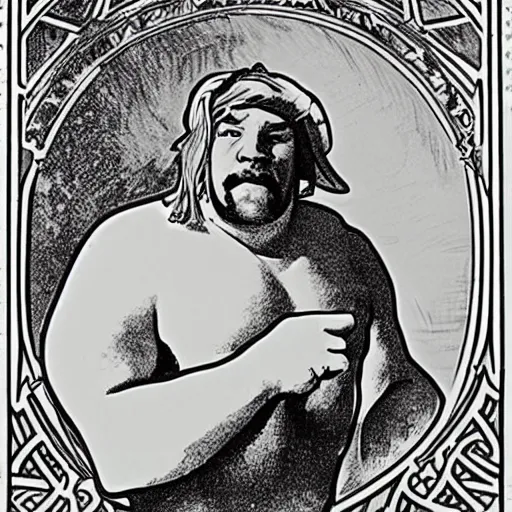 Image similar to Obelix posing without his helmet on by Alphonso Mucha