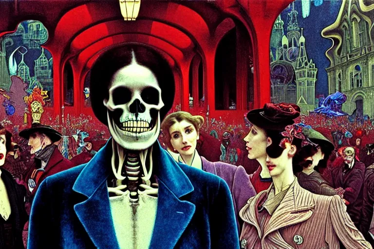 Image similar to realistic detailed photorealistic film portrait shot of a single skeleton wearing crimson velvet blazer in a crowded futuristic moscow street by Denis Villeneuve, Amano, Yves Tanguy, Alphonse Mucha, Ernst Haeckel, Andrei Tarkovsky, Edward Robert Hughes, Roger Dean, rich moody colours, wide angle, blue eyes