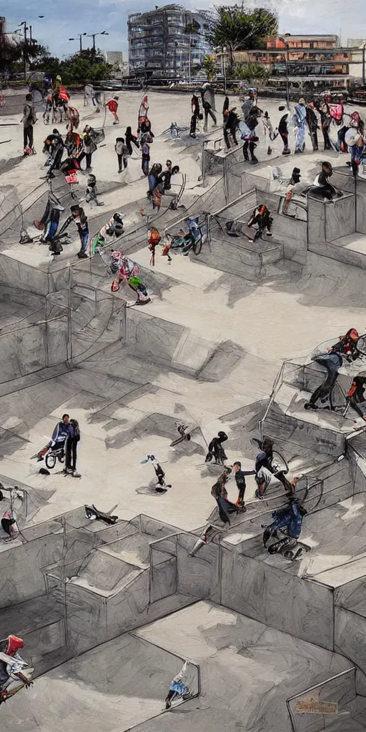 Image similar to oil painting scene skatepark with skaters and ramp by kim jung gi