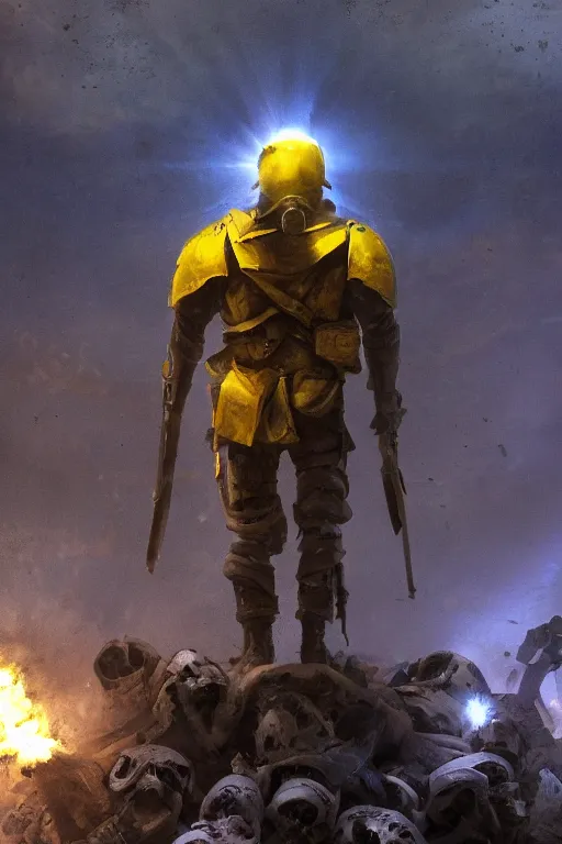 Prompt: A cinematic distant view shot of a soldier from behind with blue and yellow flag in his hand while he is standing on a huge pile of skulls in triumph after the battle, helmet is on, flag in his right hand, dark atmosphere, bright rays of light, beams of light, intricate, volumetric lighting, volumetric lights, highly detailed, smooth, artstation, digital illustration by Ruan Jia and Mandy Jurgens and Artgerm and Wayne Barlowe and Greg Rutkowski and Frank Frazetta