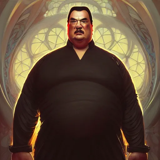 Image similar to Obese Steven Seagal, fantasy, intricate, elegant, highly detailed, digital painting, artstation, concept art, matte, sharp focus, illustration, art by Artgerm and Greg Rutkowski and Alphonse Mucha, and Simon Hennessey