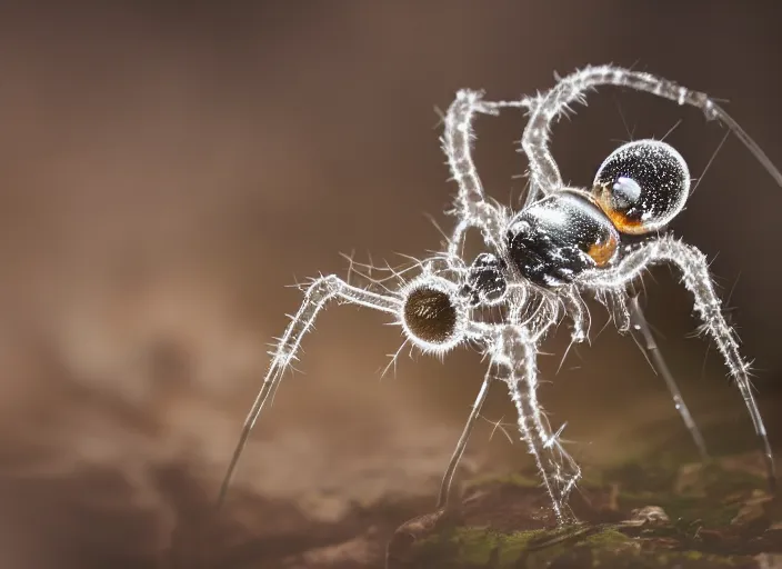 Image similar to super macro of a clear crystal spider with big eyes sitting on a flower, in the forest. fantasy magic style. highly detailed 8 k. intricate. nikon d 8 5 0 3 0 0 mm. award winning photography.