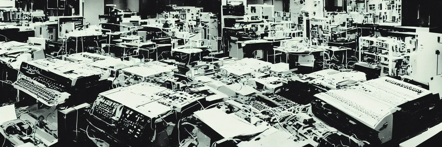 Prompt: analog data processing plant, with retro matrix printers printing lots of sheets of paper, old bakelite téléphones connected to a switch panel and a reel to reel tape machine recording sounds. 1980s computer ad style color picture