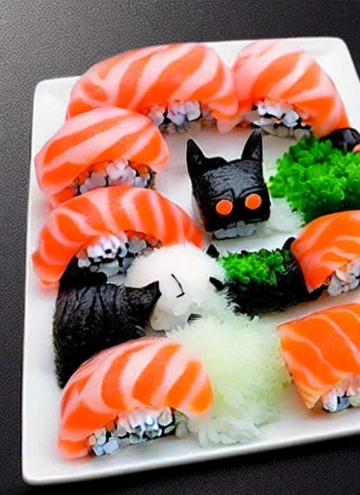 Image similar to clear photorealistic picture of adorable cats made out of sushi