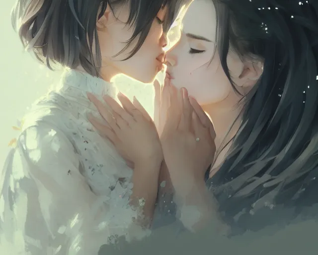 Image similar to two beautiful girls kissing, sharp details, sharp focus, elegant, highly detailed, illustration, by jordan grimmer and greg rutkowski and pine ( ハイネ ) and 薯 子 imoko and 香 川 悠 作 and wlop and maya takamura, intricate, beautiful, trending artstation, pixiv, digital art