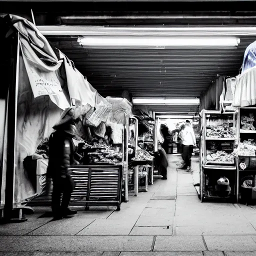 Image similar to a scene of a market stall on a street corner in the style of the ( minority report ) film taken from a distance, minimalist, blue and white, cinematic lighting