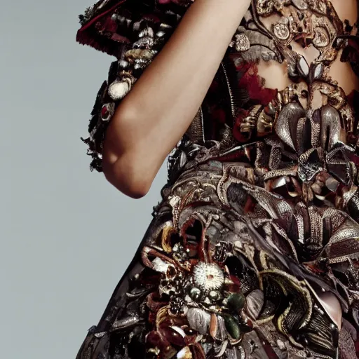Prompt: upshot close up of a fashion model, luxury dress, official valentino editorial, highly detailed
