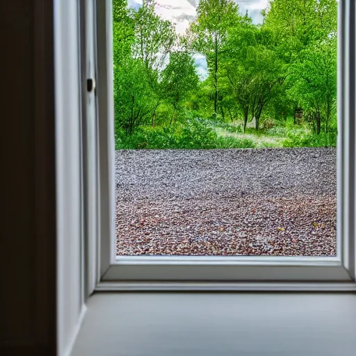 Image similar to a cinematic landscape view looking out a window into an open field, wind blows the leaves, and the sun shines through the parted clouds, a small creek runs through the backyard